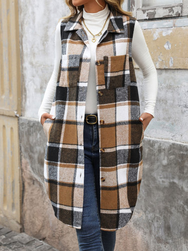 Collar long plaid jacket vest