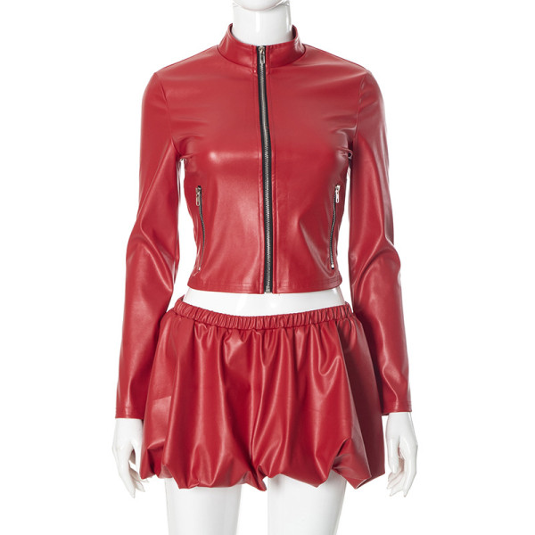 PU leather jacket top flower bud half skirt set