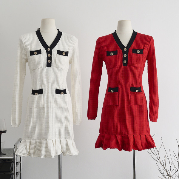 Waffle contrasting small fragrance V-neck knitted dress