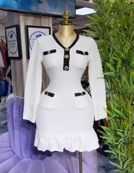 Waffle contrasting small fragrance V-neck knitted dress