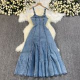 Strap, backless, high waisted, zipper, big swing denim long skirt