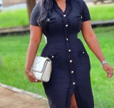 Short sleeved waist cinched V-neck knitted dress
