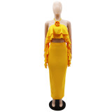 Wrap chest and hang neck top, expose navel, high waist, slit long skirt two-piece set