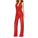Sleeveless neck hanging sequined jumpsuit