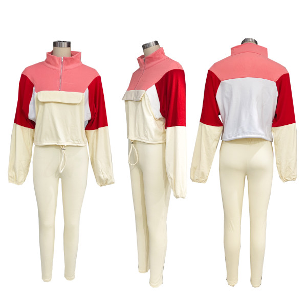 Zipper color blocked sweatshirt leggings sports two-piece set