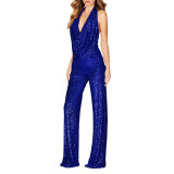 Sleeveless neck hanging sequined jumpsuit