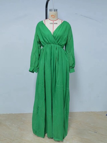 Deep V cross pleated large swing dress