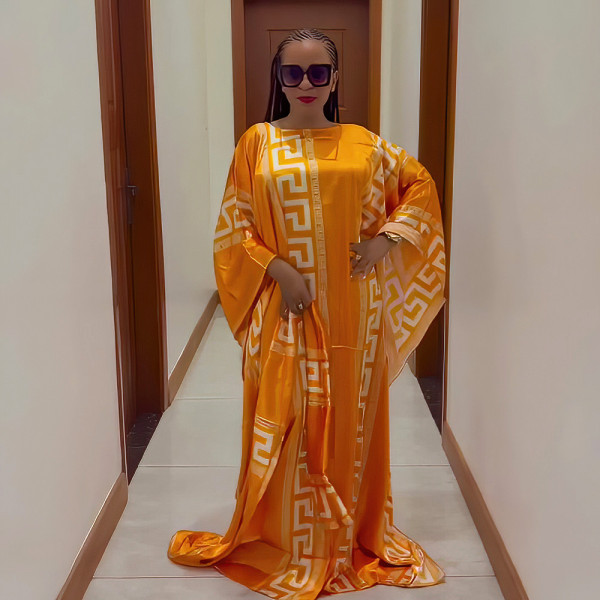 Digital printed bat sleeve loose dress with large swing