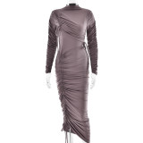 Pleated drawstring tied long skirt
