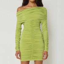 Long sleeved pleated sloping shoulder bag hip dress Long sleeved pleated sloping shoulder bag hip dress
