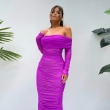 Mesh one shoulder pleated dress