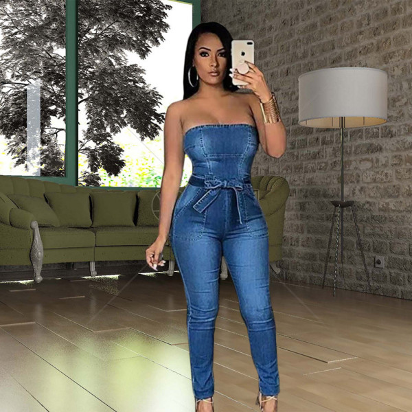 Strapless elastic jumpsuit jeans