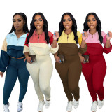 Zipper color blocked sweatshirt leggings sports two-piece set