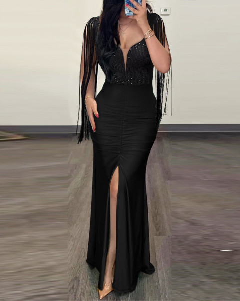 Round neck slit tassel sleeve bead wrapped hip dress