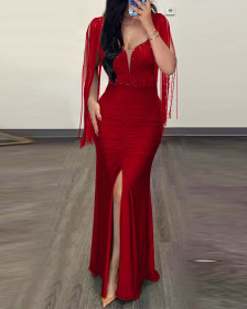 Round neck slit tassel sleeve bead wrapped hip dress