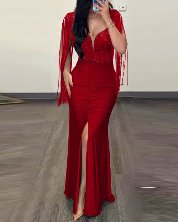 Round neck slit tassel sleeve bead wrapped hip dress