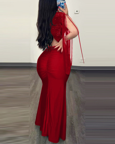 Round neck slit tassel sleeve bead wrapped hip dress