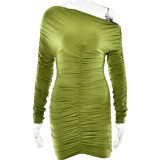 Long sleeved pleated sloping shoulder bag hip dress