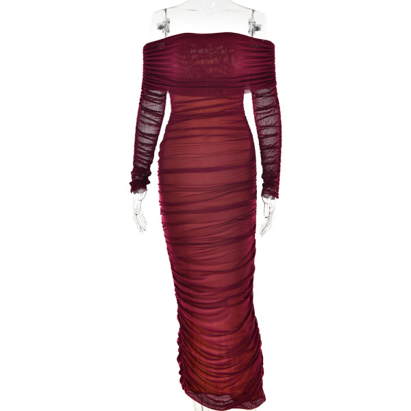 Mesh one shoulder pleated dress