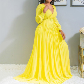 Deep V cross pleated large swing dress