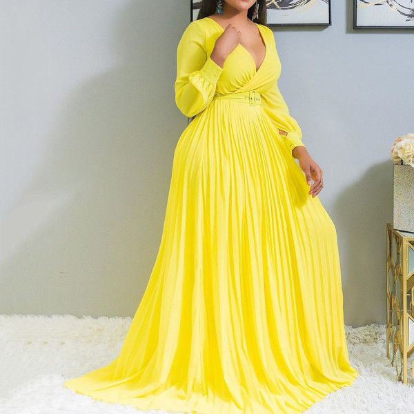 Deep V cross pleated large swing dress