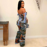 Printed oil painting pattern strap drawstring multi pocket pants set