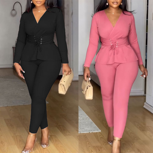 Solid color V-neck waist cinched elastic long sleeved pants set