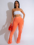 Cotton tassel elastic tight fitting micro flared pants