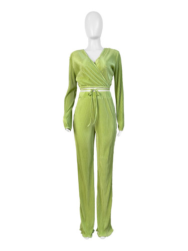Hanging pleated fabric wide leg pants set