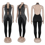 Hanging neck elastic backless tie deep V-neck tight jumpsuit