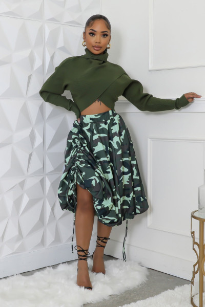 High waisted leopard print skirt camouflage drawstring flower bud skirt