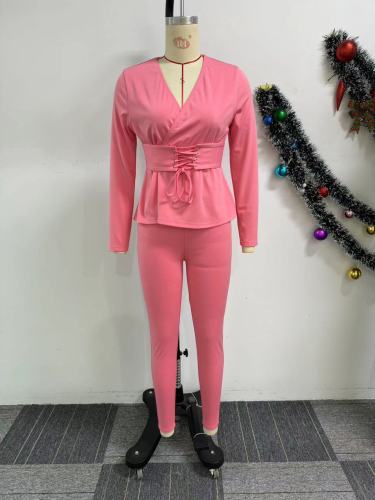 Solid color V-neck waist cinched elastic long sleeved pants set