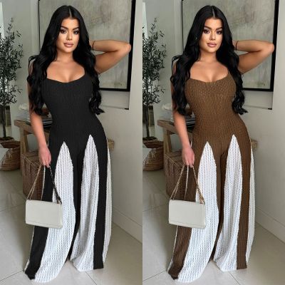 Hollow out wide leg knitted suspender patchwork contrasting jumpsuit