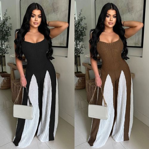 Hollow out wide leg knitted suspender patchwork contrasting jumpsuit