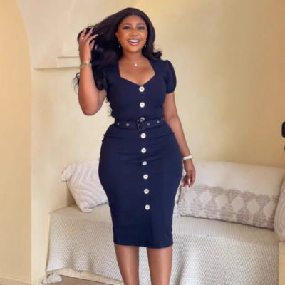 Square collar, waist cinching, elastic waistband, hip hugging, back slit dress