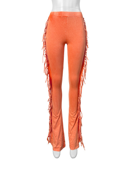 Cotton tassel elastic tight fitting micro flared pants
