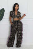 Umbilical Top, High Waist, Tassel Pocket, Wide Leg Pants, Camouflage Set