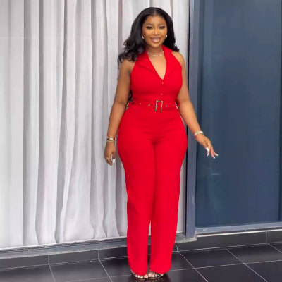 Hanging neck backless V-neck button up waist wide leg jumpsuit