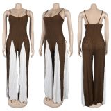 Hollow out wide leg knitted suspender patchwork contrasting jumpsuit