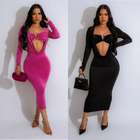 Deep V-neck hanging pleated long sleeved dress
