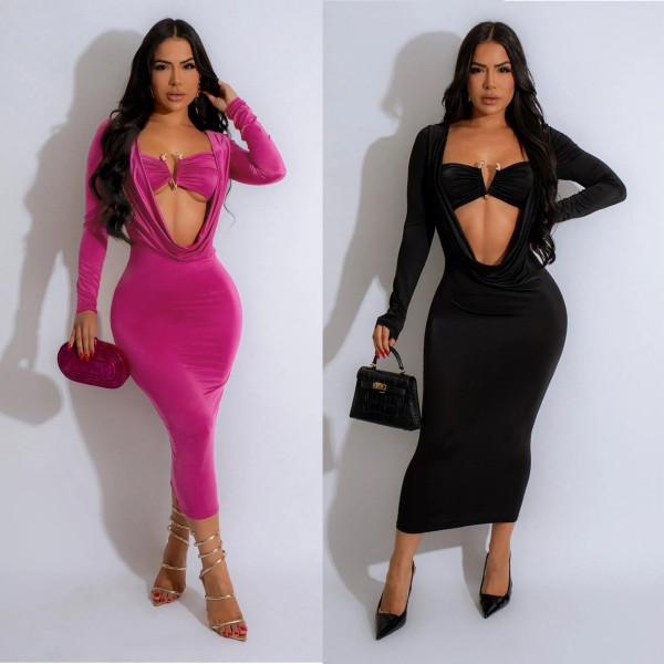 Deep V-neck hanging pleated long sleeved dress