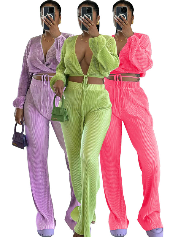 Hanging pleated fabric wide leg pants set