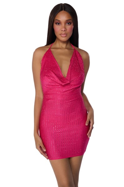Hot pressed diamond neck strap, backless elastic hip hugging dress