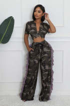 Umbilical Top, High Waist, Tassel Pocket, Wide Leg Pants, Camouflage Set Umbilical Top, High Waist, Tassel Pocket, Wide Leg Pants, Camouflage Set