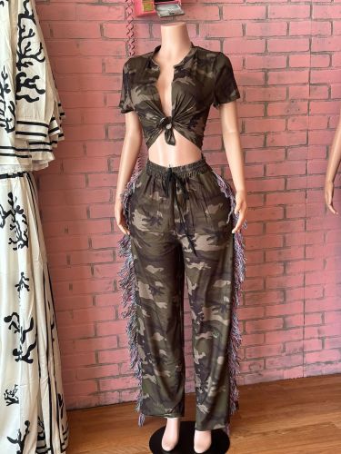 Umbilical Top, High Waist, Tassel Pocket, Wide Leg Pants, Camouflage Set