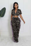 Umbilical Top, High Waist, Tassel Pocket, Wide Leg Pants, Camouflage Set