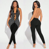 Hanging neck elastic backless tie deep V-neck tight jumpsuit
