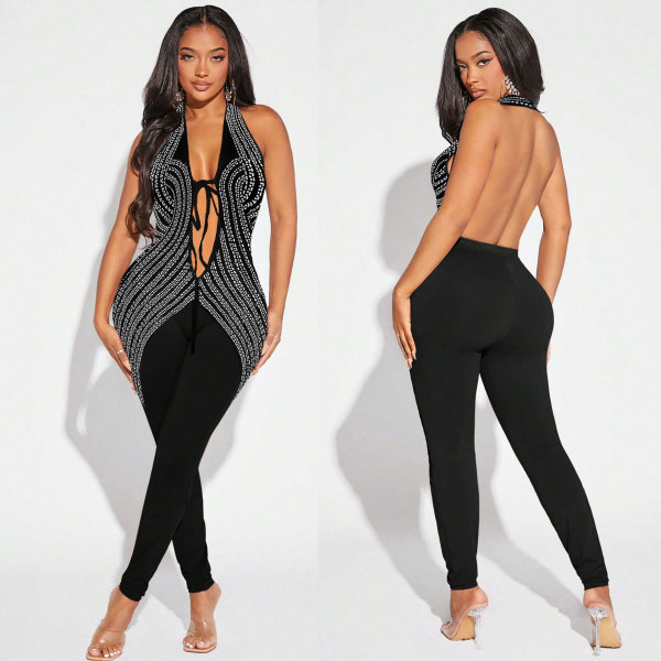 Hanging neck elastic backless tie deep V-neck tight jumpsuit