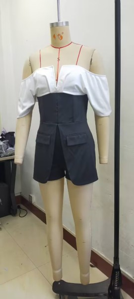 Black and white color blocked one neck jumpsuit