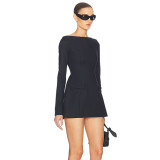 Boat collar long sleeved A-line skirt bow dress